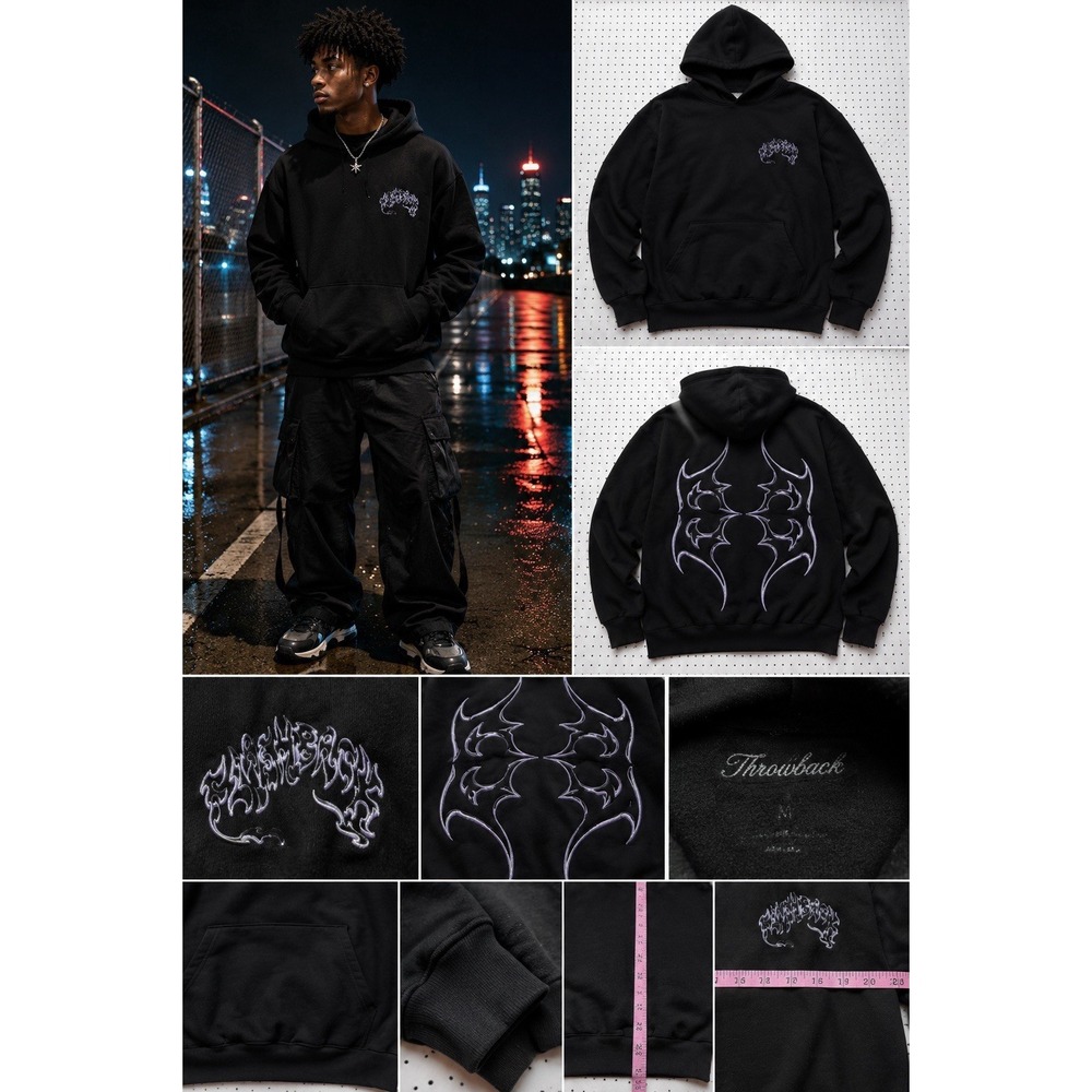 VTG Throwback Black Tribal Flame Embroidered Hoodie Y2K Goth Grunge Streetwear S